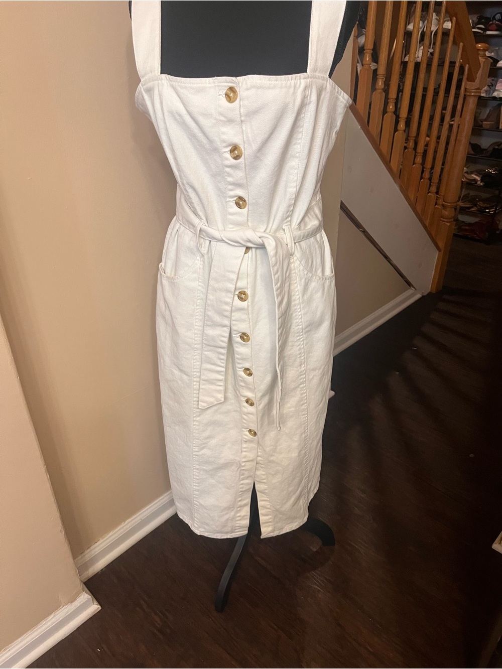 Denim&Co White Denim Button-Front Tie-Waist Midi Dress